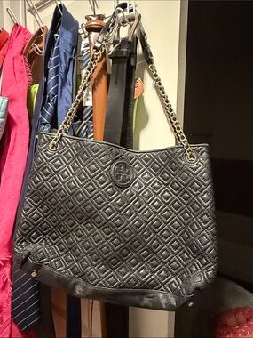 Tory Burch Black Quilted Leather Chain-Handle Shoulder Tote